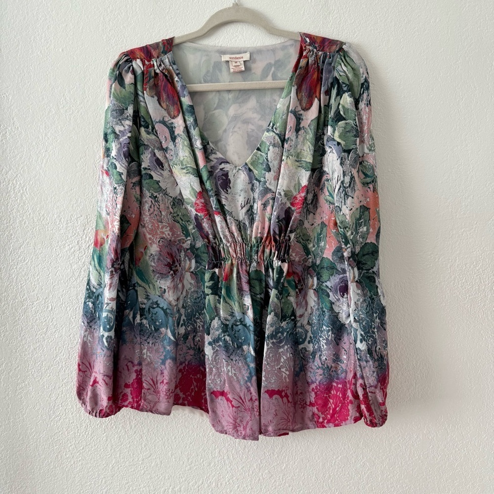 Silk Floral V-Neck Long Sleeve Blouse in Multi Size M